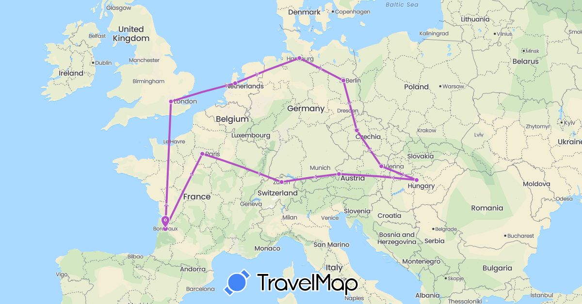 TravelMap itinerary: driving, train in Austria, Switzerland, Czech Republic, Germany, France, United Kingdom, Hungary, Netherlands (Europe)